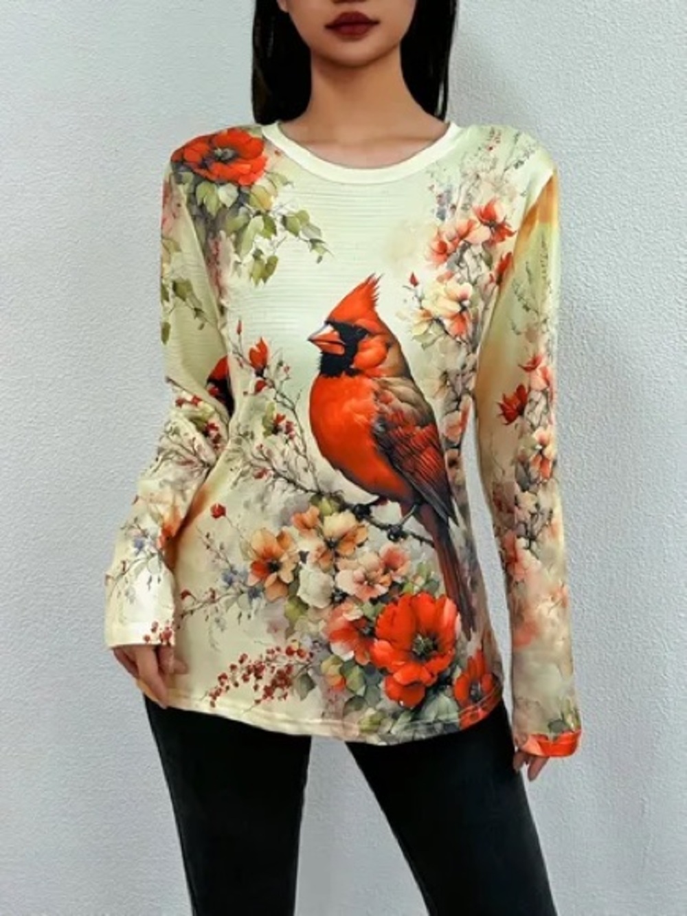 Floral Cardinal Long-Sleeve Women's Top in Cream and Red